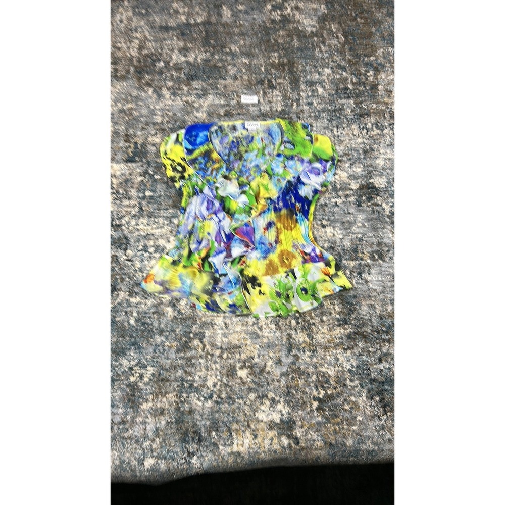 Allison Taylor Vintage Floral Ruffle Mesh Blouse Blue Yellow Green Medium